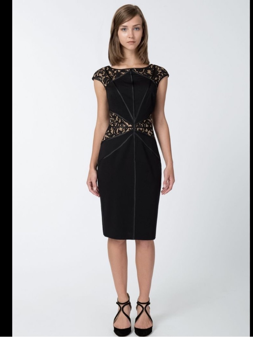 Tadashi Shoji Black Lace-Inset Dress Small